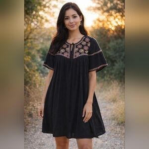 Miami Womens Embroidered Boho Mini Dress Size Medium Black Color EUC Hippie EUC